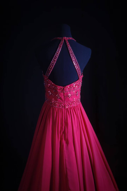 Robe de bal longue vintage en mousseline de soie rose, coupe licou, perles, tenue de soirée princesse, tenue de remise de diplôme pour femmes, AU545