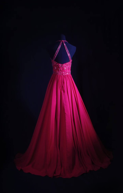 Robe de bal longue vintage en mousseline de soie rose, coupe licou, perles, tenue de soirée princesse, tenue de remise de diplôme pour femmes, AU545
