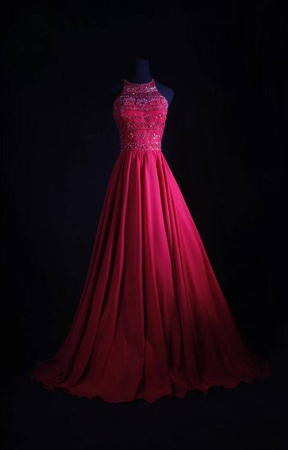 Robe de bal longue vintage en mousseline de soie rose, coupe licou, perles, tenue de soirée princesse, tenue de remise de diplôme pour femmes, AU545