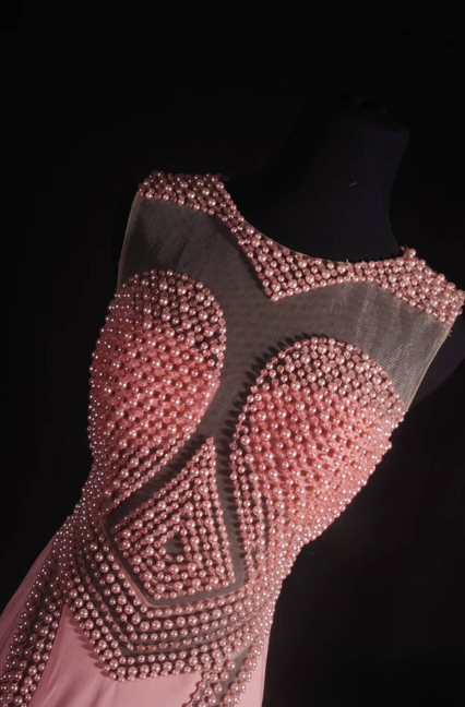 Robe de bal longue style sirène vintage à col rond et perles en mousseline de soie rose, tenue de soirée princesse pour femme, AU547