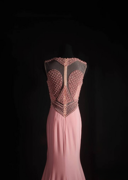 Robe de bal longue style sirène vintage à col rond et perles en mousseline de soie rose, tenue de soirée princesse pour femme, AU547