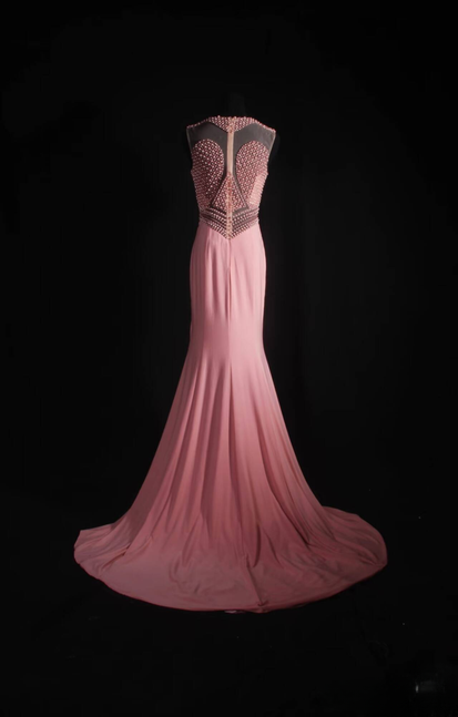 Robe de bal longue style sirène vintage à col rond et perles en mousseline de soie rose, tenue de soirée princesse pour femme, AU547