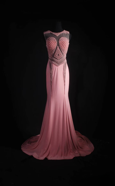Robe de bal longue style sirène vintage à col rond et perles en mousseline de soie rose, tenue de soirée princesse pour femme, AU547