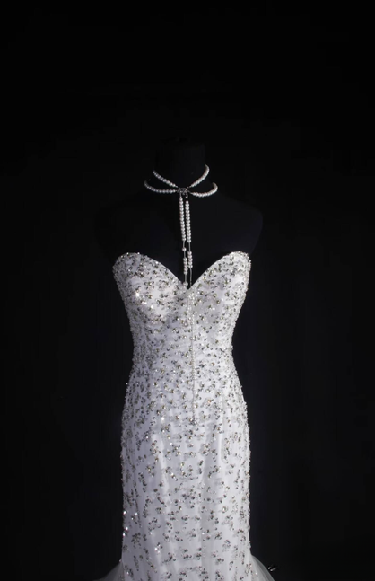 Vintage Meerjungfrau Schatz Weiß Tüll Silber Perlen Lange Ballkleider Partykleid Prinzessin Graduation Outfits Für Frauen AU549