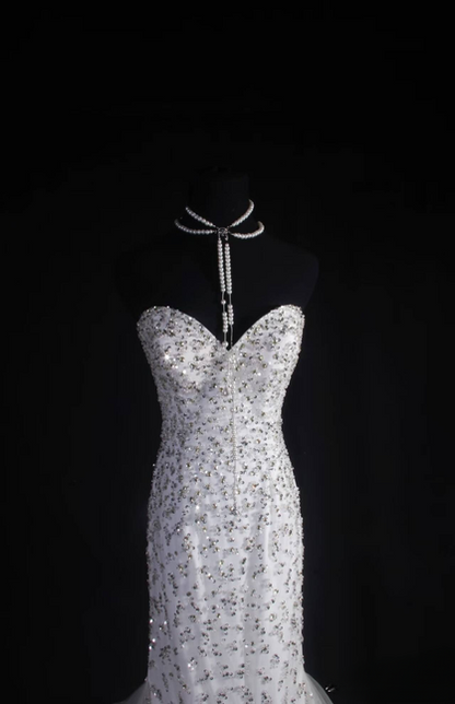 Vintage Meerjungfrau Schatz Weiß Tüll Silber Perlen Lange Ballkleider Partykleid Prinzessin Graduation Outfits Für Frauen AU549