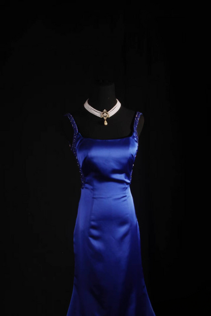 Vintage Mermaid Square Neck Royal Blue Beads Satin Long Prom Dresses Party Dress Princess Graduation Outfits For Women AU551