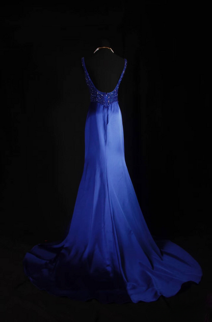 Vintage Mermaid Square Neck Royal Blue Beads Satin Long Prom Dresses Party Dress Princess Graduation Outfits For Women AU551