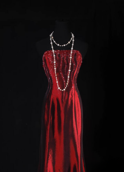 Robe de bal longue en satin rouge, style sirène classique, sans bretelles, perles, inspiration fête, danse senior, remise de diplôme, AU553