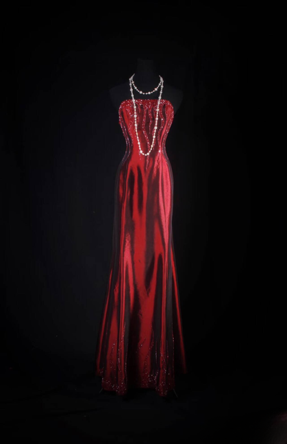 Robe de bal longue en satin rouge, style sirène classique, sans bretelles, perles, inspiration fête, danse senior, remise de diplôme, AU553