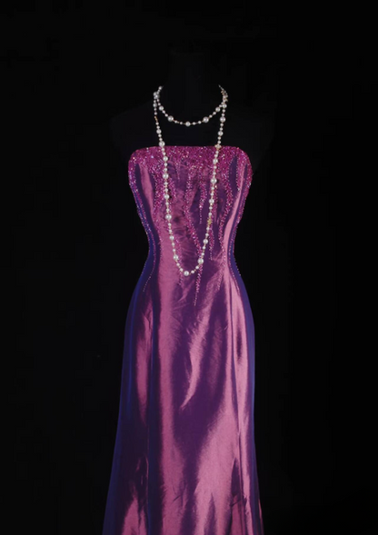 Robe de bal vintage style années 90, style sirène, violette, sans bretelles, perles, longue robe de soirée en satin, inspiration pour les seniors, robes de remise de diplôme, AU554