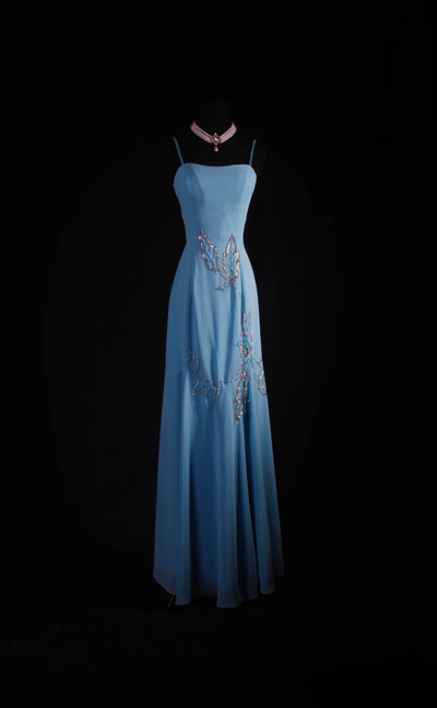 Vintage Mermaid Spaghetti Straps Blue Beads Chiffon Long Prom Dresses Party Dress Princess Graduation Outfits For Women AU555
