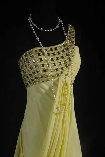 Vintage A Line One Shoulder Silver Beads Chiffon Yellow Long Prom Dresses Party Dress Princess Graduation Outfits For Women AU558