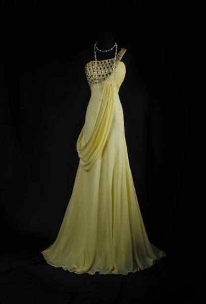 Vintage A Line One Shoulder Silver Beads Chiffon Yellow Long Prom Dresses Party Dress Princess Graduation Outfits For Women AU558