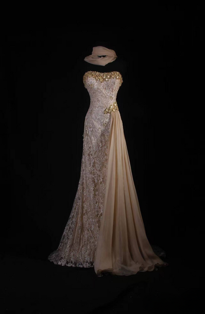 Vintage Ballkleider 90er Jahre Meerjungfrau Schatz Spitze Gold Perlen Langes Partykleid Inspiration Senior Dance Graduation Dresses AU560