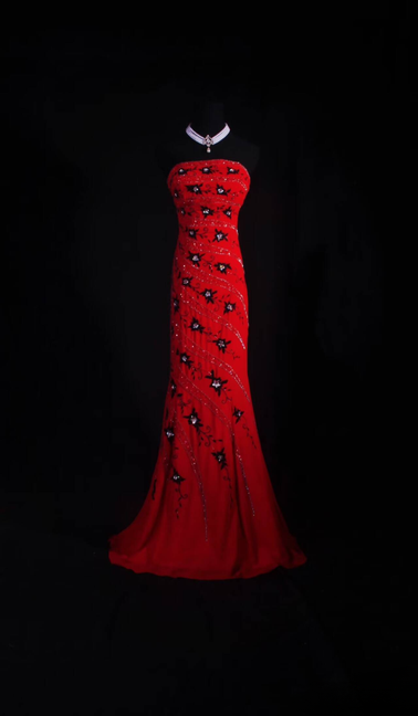 Retro Meerjungfrau Trägerlos Silber Perlen Rot Chiffon Lange Ballkleider Partykleid Prinzessin Graduation Outfits Für Frauen AU563