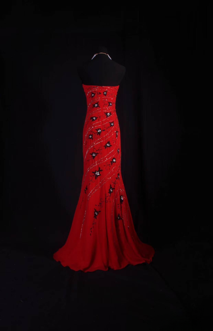 Retro Meerjungfrau Trägerlos Silber Perlen Rot Chiffon Lange Ballkleider Partykleid Prinzessin Graduation Outfits Für Frauen AU563