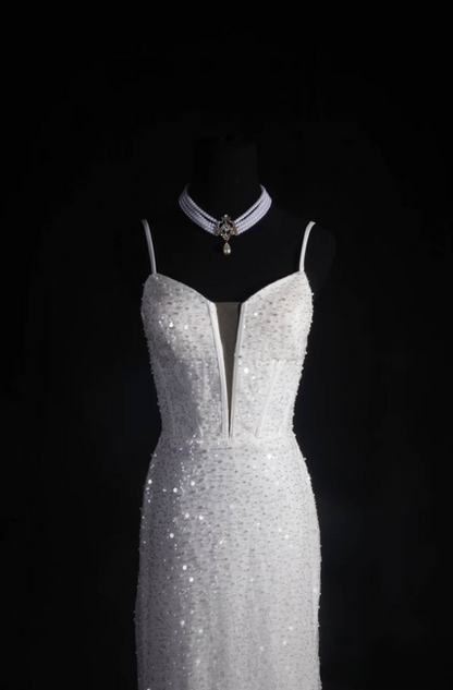 Robe de bal vintage style sirène des années 90, bretelles spaghetti, paillettes blanches, longue robe de soirée, inspiration robes de danse senior, robes de remise de diplôme, AU568