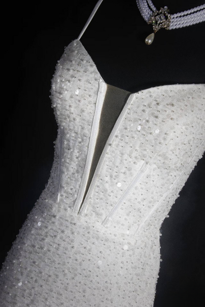 Robe de bal vintage style sirène des années 90, bretelles spaghetti, paillettes blanches, longue robe de soirée, inspiration robes de danse senior, robes de remise de diplôme, AU568
