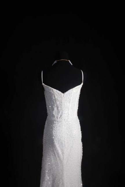 Robe de bal vintage style sirène des années 90, bretelles spaghetti, paillettes blanches, longue robe de soirée, inspiration robes de danse senior, robes de remise de diplôme, AU568