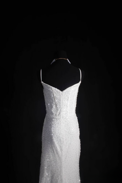 Robe de bal vintage style sirène des années 90, bretelles spaghetti, paillettes blanches, longue robe de soirée, inspiration robes de danse senior, robes de remise de diplôme, AU568