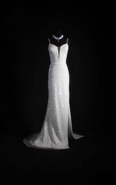 Robe de bal vintage style sirène des années 90, bretelles spaghetti, paillettes blanches, longue robe de soirée, inspiration robes de danse senior, robes de remise de diplôme, AU568