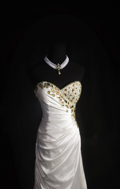 Retro Meerjungfrau Schatz Gold Perlen Weiß Satin Lange Ballkleider Partykleid Prinzessin Graduation Outfits Für Frauen AU569