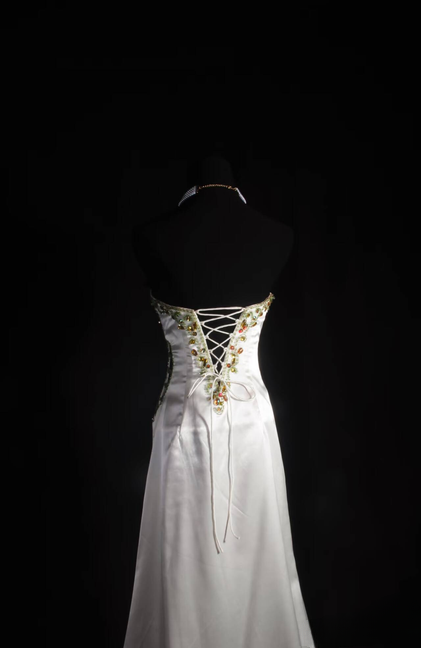 Retro Meerjungfrau Schatz Gold Perlen Weiß Satin Lange Ballkleider Partykleid Prinzessin Graduation Outfits Für Frauen AU569