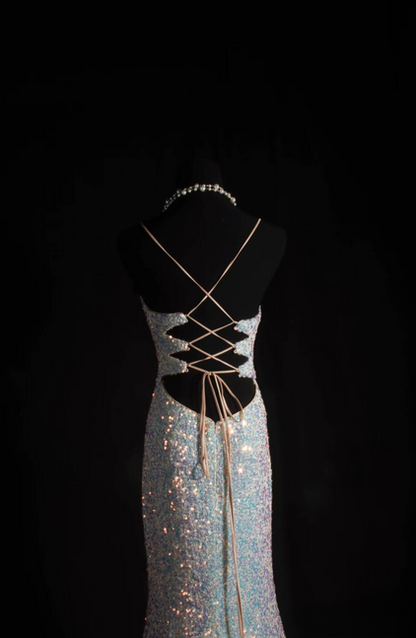 Vintage Prom Dresses 90s Mermaid Spaghetti Straps White Sequin Backless Long Party Dress Inspiration Senior Dance Graduation Dresses AU570