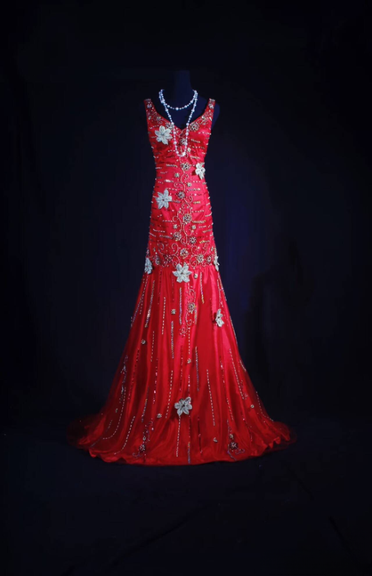 Robe de bal longue style sirène rétro, col en V, perles argentées, en satin rouge, tenue de soirée princesse, tenue de remise de diplôme pour femmes, AU571