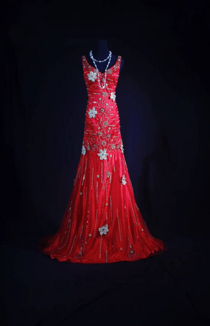 Robe de bal longue style sirène rétro, col en V, perles argentées, en satin rouge, tenue de soirée princesse, tenue de remise de diplôme pour femmes, AU571