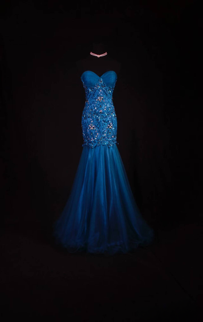 Retro Mermaid Sweetheart Blue Tulle Silver Beads Long Prom Dresses Party Dress Graduation Outfits For Women AU575