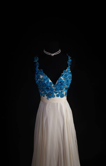 Vintage Prom Dresses 90s A Line Spaghetti Straps Blue Lace Champagne Chiffon Long Party Dress Inspiration Senior Dance Graduation Dresses AU581