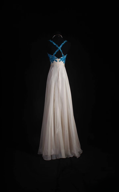 Vintage Prom Dresses 90s A Line Spaghetti Straps Blue Lace Champagne Chiffon Long Party Dress Inspiration Senior Dance Graduation Dresses AU581
