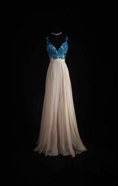 Vintage Prom Dresses 90s A Line Spaghetti Straps Blue Lace Champagne Chiffon Long Party Dress Inspiration Senior Dance Graduation Dresses AU581