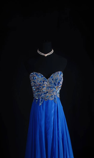 Retro A Line Sweetheart Royal Blue Chiffon Beads Long Prom Dresses Party Dress Graduation Outfits For Women AU582