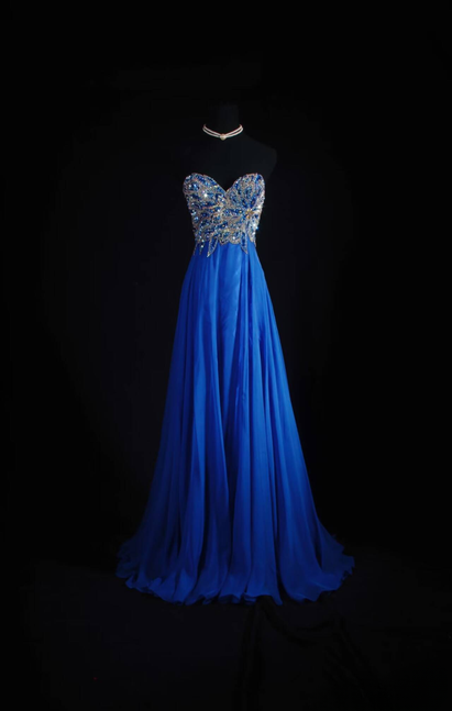 Retro A Line Sweetheart Royal Blue Chiffon Beads Long Prom Dresses Party Dress Graduation Outfits For Women AU582
