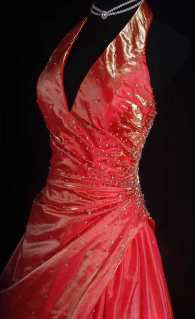 Retro Ball Gown Halter Satin Beads Long Prom Dresses Party Dress Graduation Outfits For Women AU584