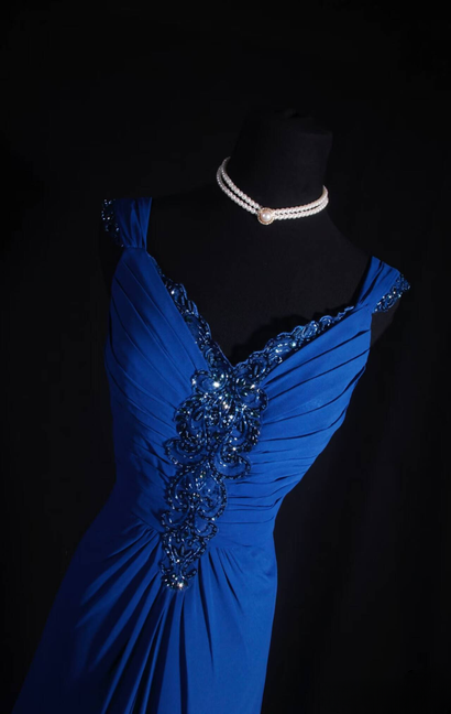 Vintage Prom Dresses 90s A Line V Neck Royal Blue Chiffon Long Party Dress Inspiration Senior Dance Graduation Dresses AU586