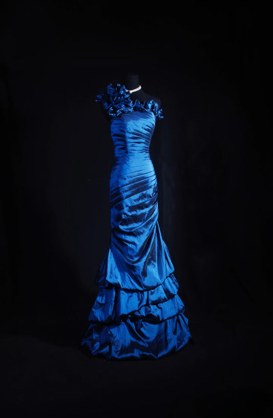 Vintage Prom Dresses 90s Mermaid One Shoulder Royal Blue Taffeta Long Party Dress Inspiration Senior Dance Graduation Dresses AU587