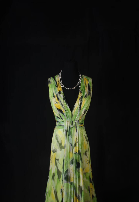 Robe de bal longue rétro trapèze, col en V, en mousseline de soie, à volants, tenue de soirée, de remise de diplôme, pour femmes, AU589