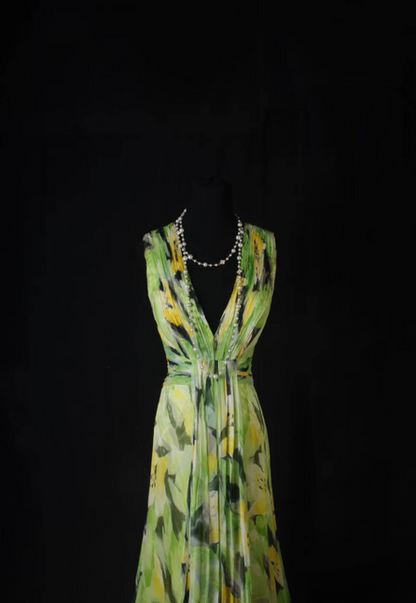 Robe de bal longue rétro trapèze, col en V, en mousseline de soie, à volants, tenue de soirée, de remise de diplôme, pour femmes, AU589
