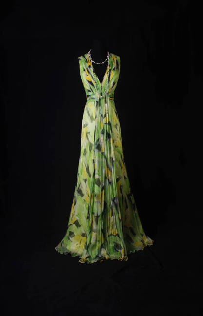 Robe de bal longue rétro trapèze, col en V, en mousseline de soie, à volants, tenue de soirée, de remise de diplôme, pour femmes, AU589