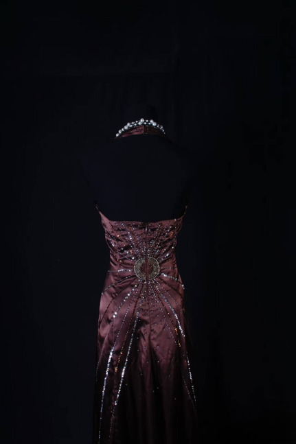 Vintage Prom Dresses 1950s Retro Classy A Line Halter Satin Brown Long Party Dress Graduation Outfit For Women AU590