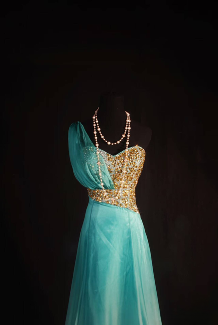 Retro A Line One Shoulder Chiffon Gold Beads Long Prom Dresses Party Dress Graduation Outfits For Women AU593