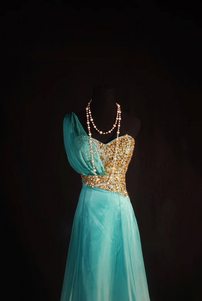 Retro A Line One Shoulder Chiffon Gold Beads Long Prom Dresses Party Dress Graduation Outfits For Women AU593