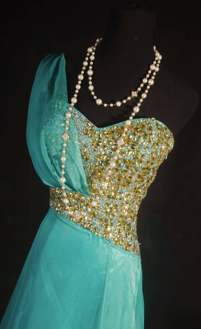 Retro A Line One Shoulder Chiffon Gold Beads Long Prom Dresses Party Dress Graduation Outfits For Women AU593