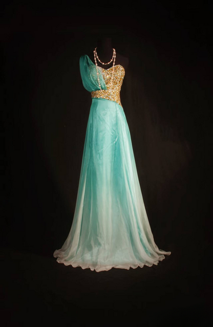 Retro A Line One Shoulder Chiffon Gold Beads Long Prom Dresses Party Dress Graduation Outfits For Women AU593