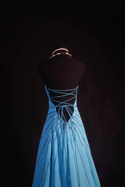 Vintage Prom Dresses 1950s Retro Classy A Line Strapless Chiffon Blue Backless Long Party Dress Graduation Outfit For Women AU595