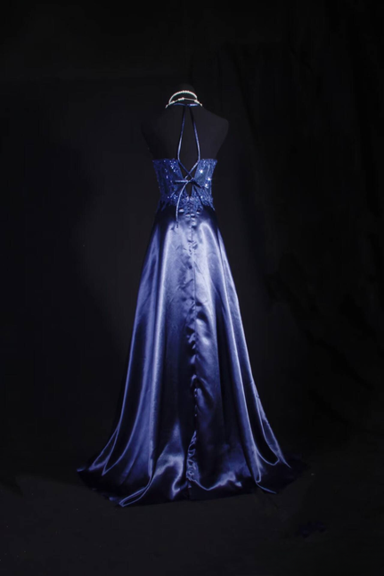 Vintage Prom Dresses 1950s Retro Classy A Line Halter Navy Blue Satin Lace Long Party Dress Graduation Outfit For Women AU597