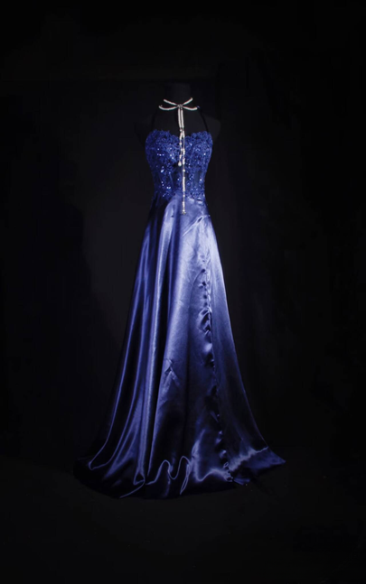 Vintage Prom Dresses 1950s Retro Classy A Line Halter Navy Blue Satin Lace Long Party Dress Graduation Outfit For Women AU597